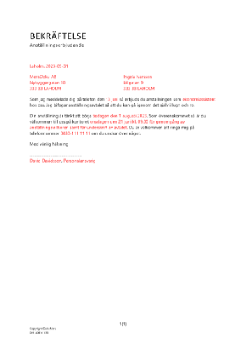 Bekräftelse anställningserbjudande 2023