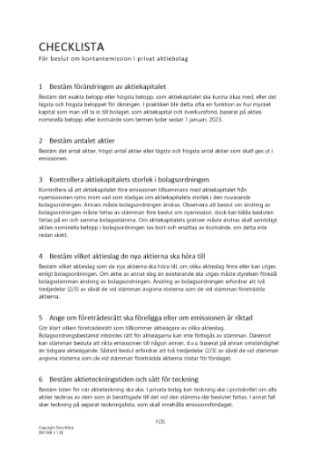 Checklista beslut kontantemission - Privat AB 2023