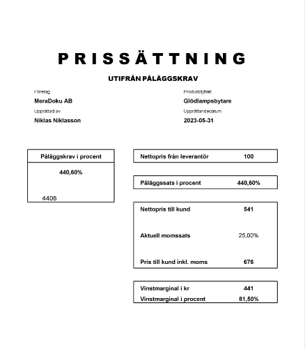 Prissättning utifrån påläggskrav 2023