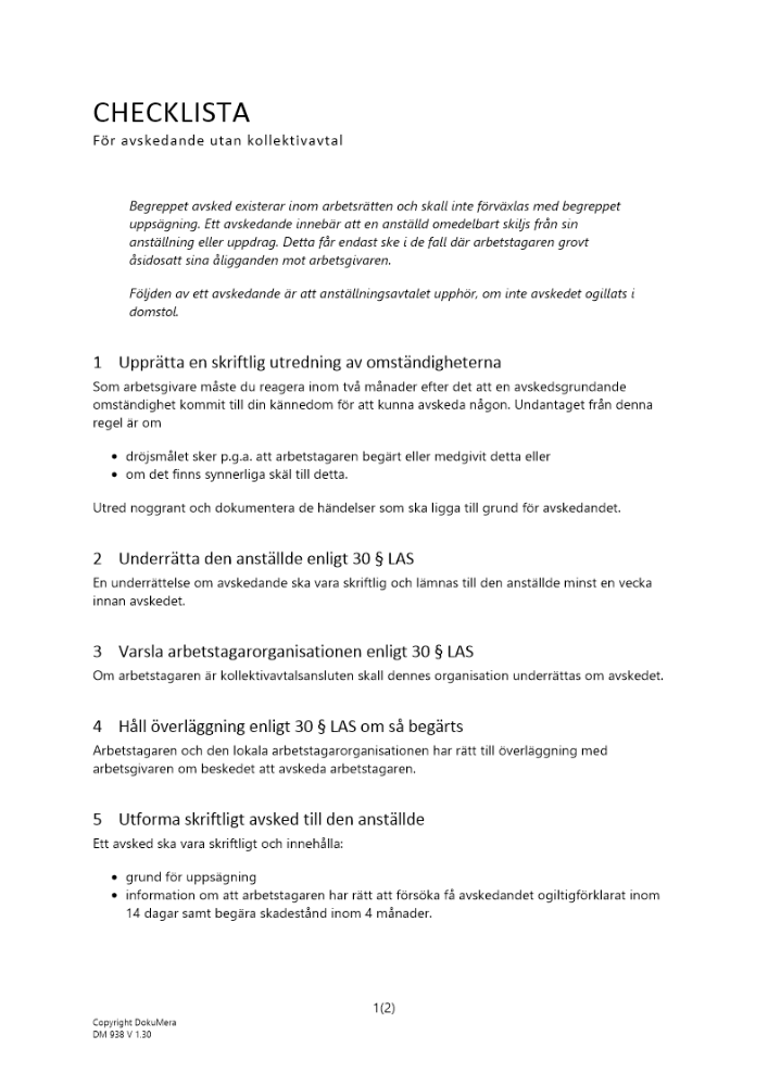 Checklista för avskedande_ utan kollektivavtal 2023