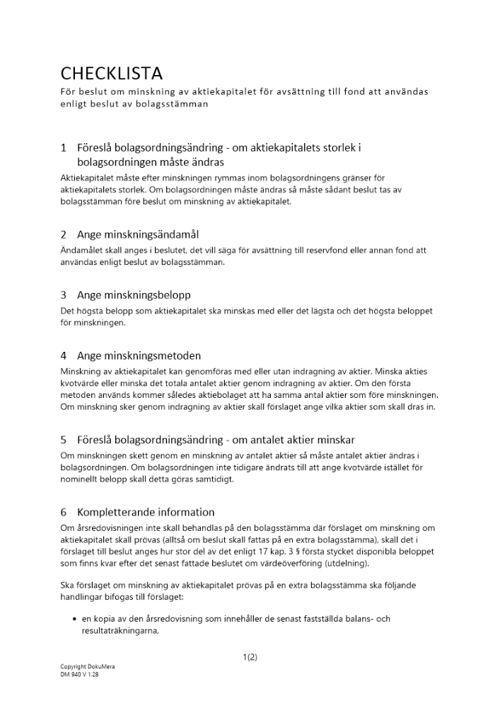 Checklista beslut minskning aktiekap avsättning 2023