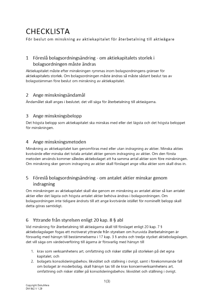 Checklista beslut minskning aktiekap återbetalning 2023