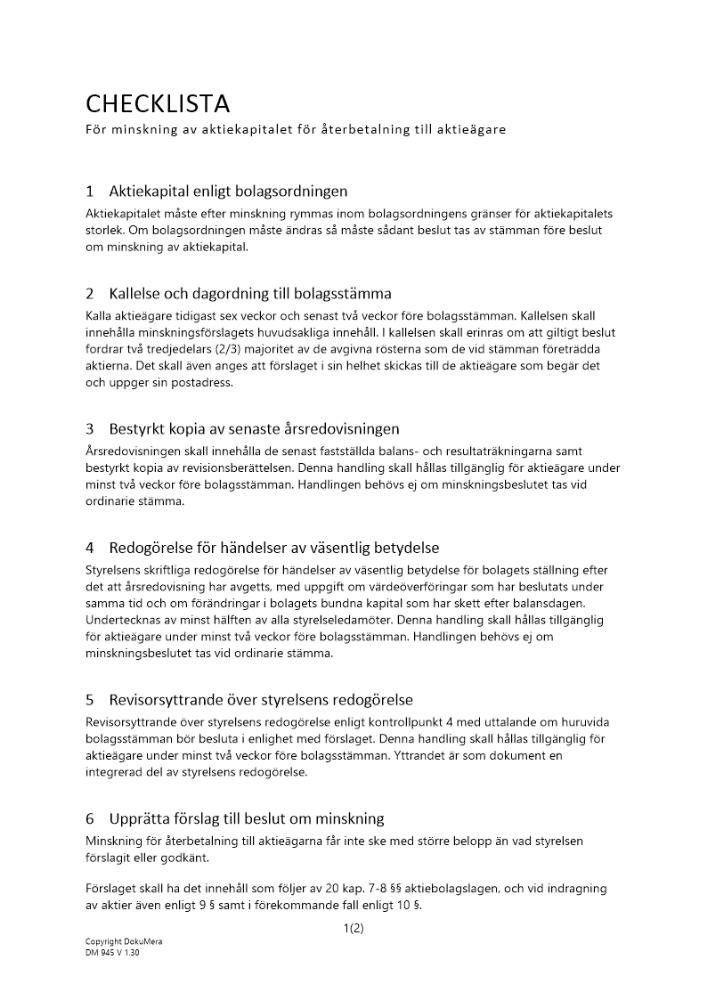 Checklista minskning aktiekap återbetalning 2023