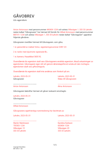 Gåvobrev lös egendom en givare en mottagare 2023