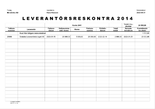 Leverantörsreskontra 1 sida 20 fakturor 2023