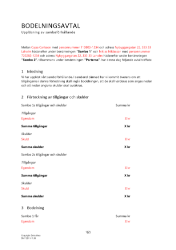 Bodelning - Upplösning av samboförhållande 2023