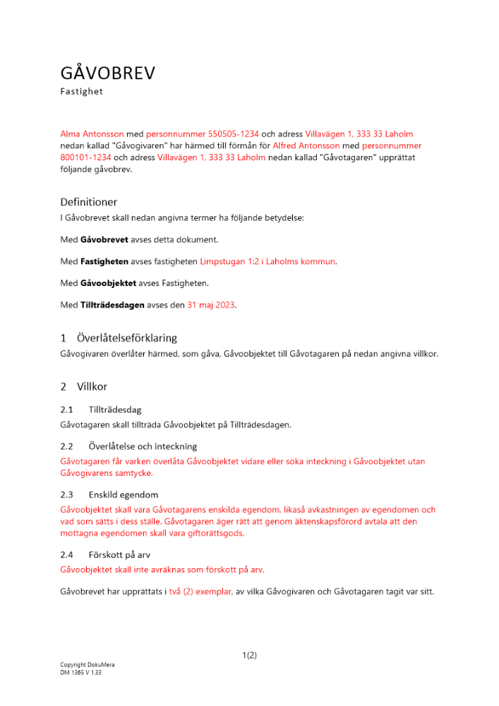 Gåvobrev fastighet en givare en mottagare 2023