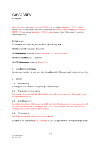 Gåvobrev fastighet en givare en mottagare 2023