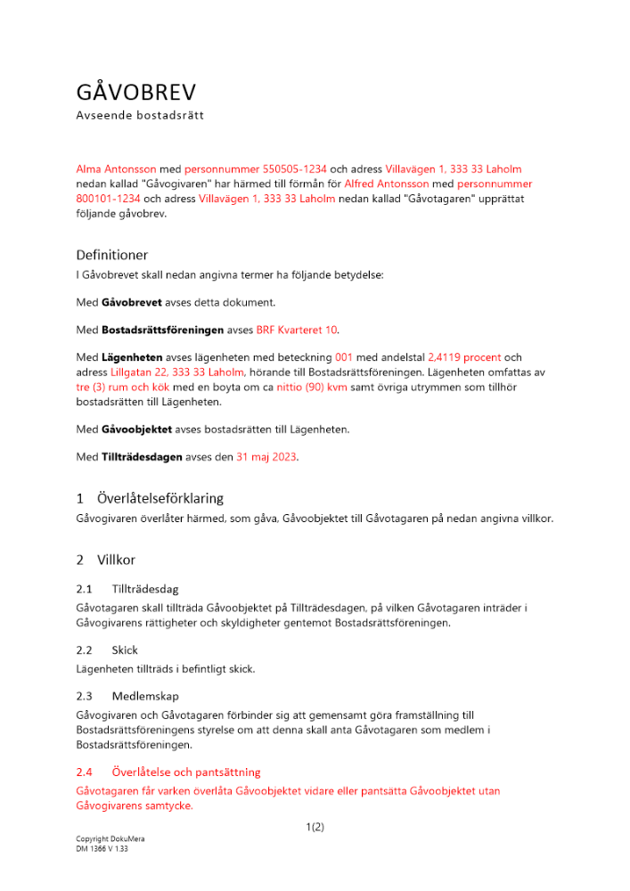 Gåvobrev bostadsrätt en givare en mottagare 2023