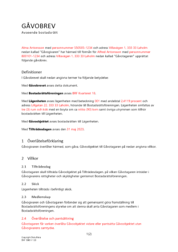 Gåvobrev bostadsrätt en givare en mottagare 2023