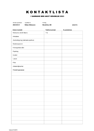 Kontaktlista akut händelse 2023