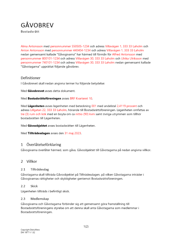 Gåvobrev bostadsrätt två givare två mottagare 2023