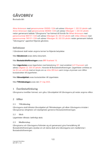 Gåvobrev bostadsrätt två givare två mottagare 2023