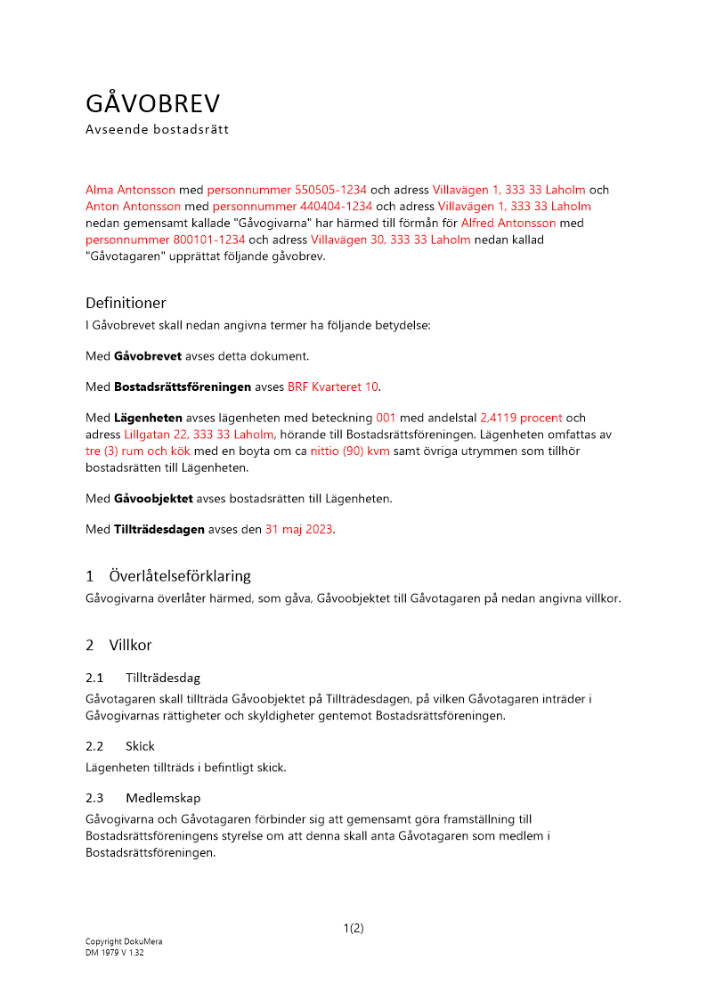Gåvobrev bostadsrätt två givare en mottagare 2023