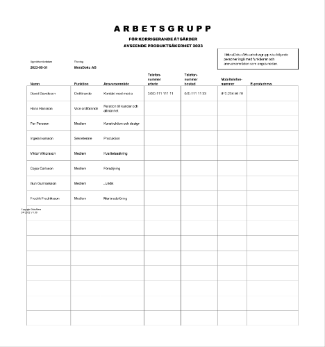 Arbetsgrupp korrigerande åtgärder produktsäkerhet 2023