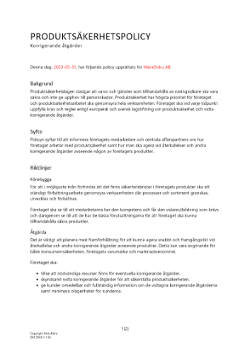 Produktsäkerhetspolicy avseende korrigerande åtgärder 2023