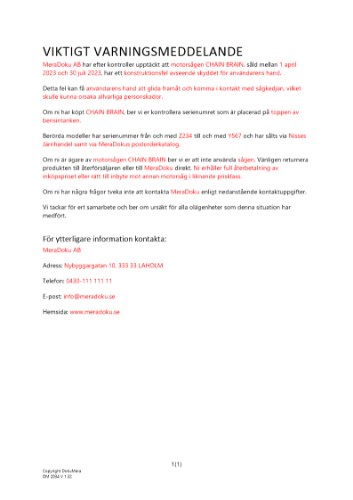 Meddelande korrigerande åtgärd produktsäkerhet 2023