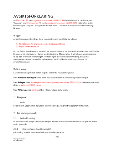 Avsiktsförklaring företagsöverlåtelse aktier 2023