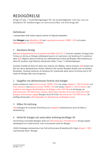 Redogörelse 13 kap 7 § ABL kvittningsemission 2023