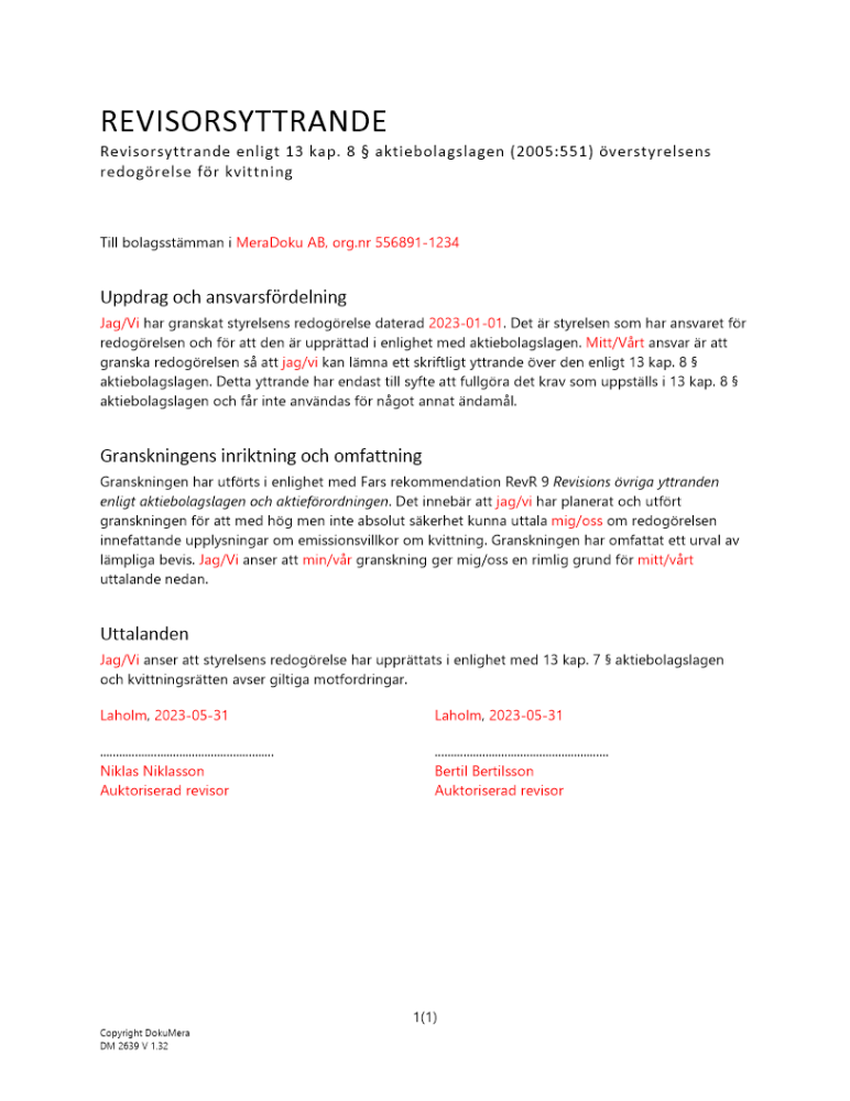 Revisorsyttrande enl 13 kap 8 § ABL (Kvittningsemission) 2023