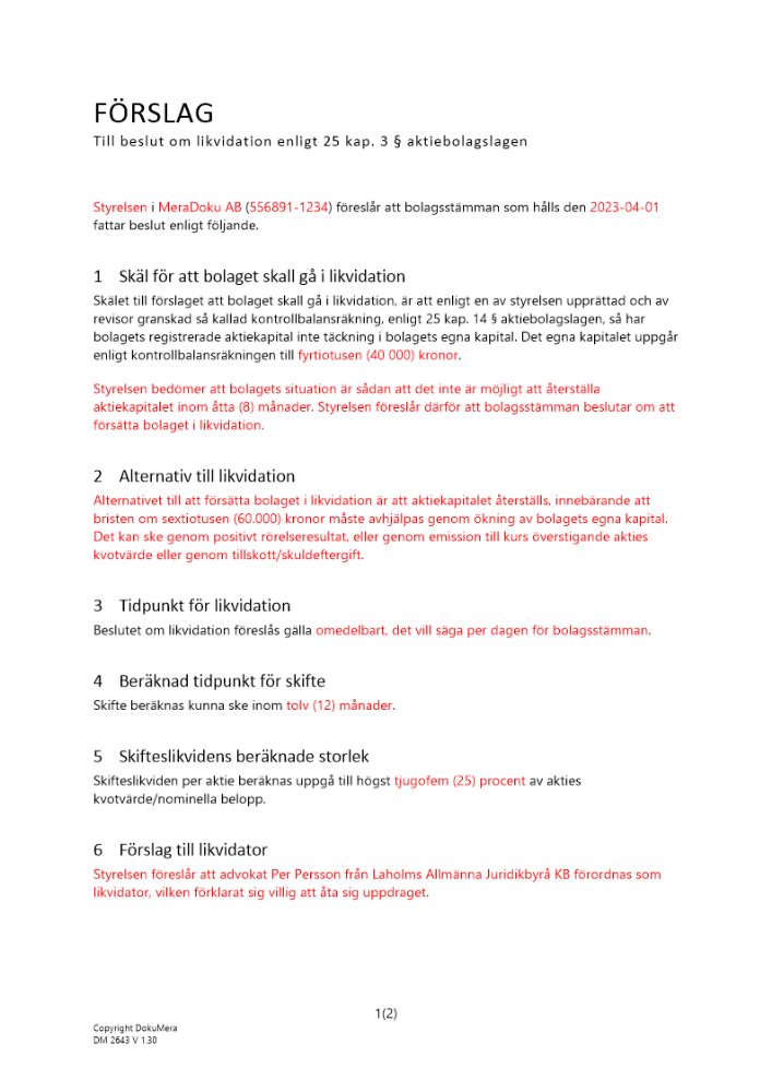 Förslag beslut likvidation förbrukat AK privat AB 2023