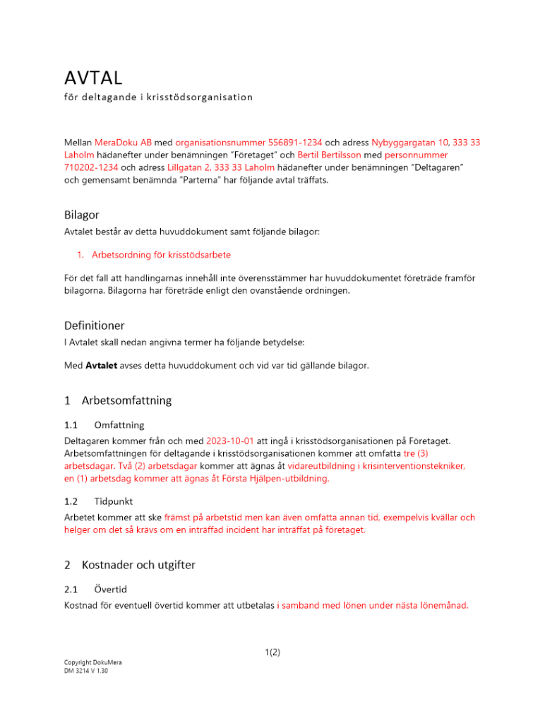 Avtal deltagare krisstödsorganisation 2023