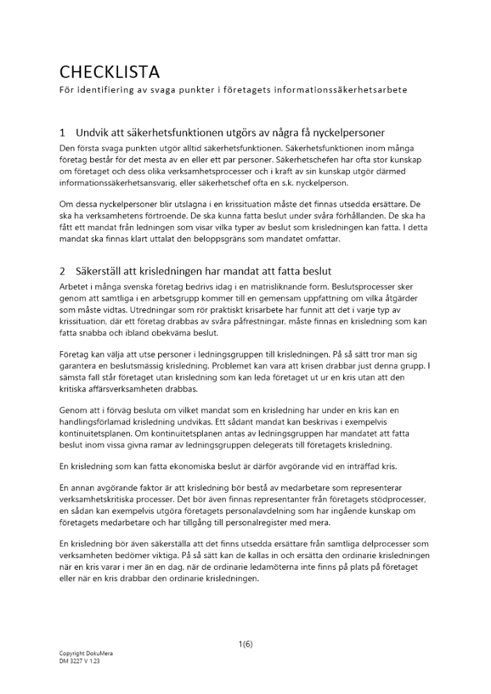 Checklista svaga punkter säkerhetsfunktion 2023