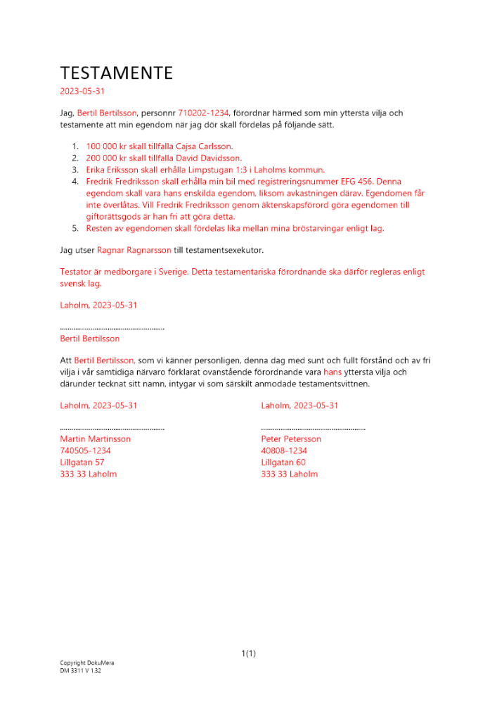 Testamente Till förmån för viss person och testamentsexekutor 2023