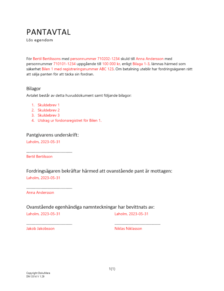 Pantavtal - Lös egendom lämnad i pant av privatperson 2023