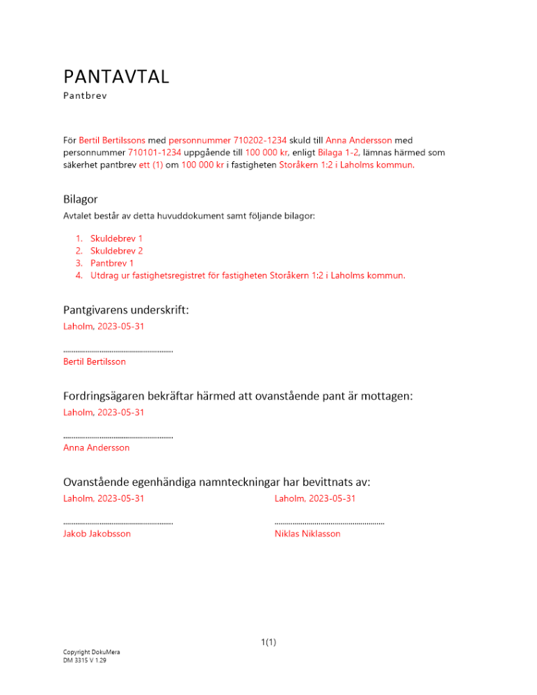 Pantavtal - Pantbrev lämnad i pant av privatperson 2023