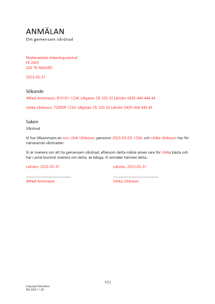 Anmälan om gemensam vårdnad (Skatteverket) 2023