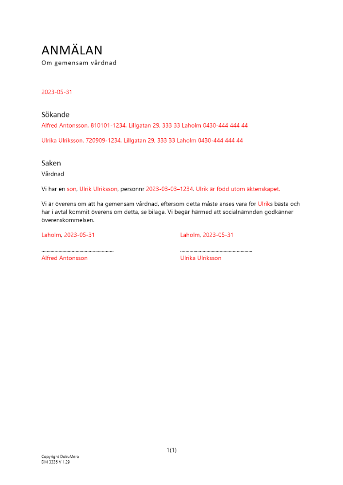 Anmälan om gemensam vårdnad (Socialnämnd) 2023