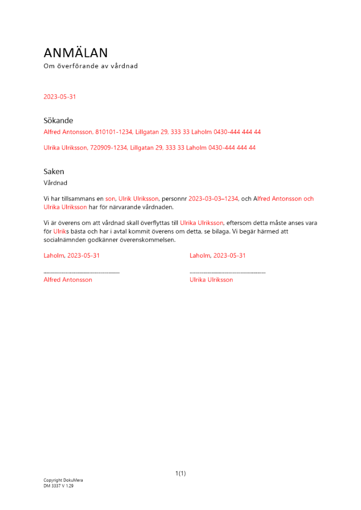 Anmälan om överförande av vårdnad (Socialnämnd) 2023