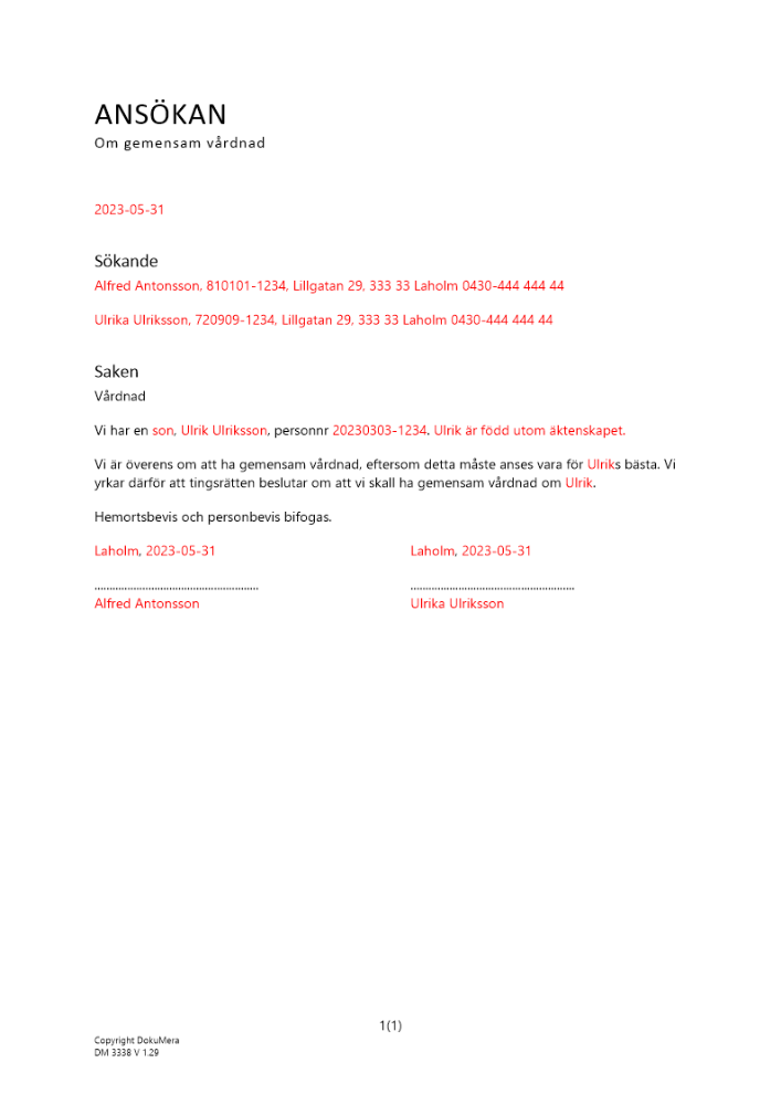 Ansökan om gemensam vårdnad (Tingsrätt) 2023