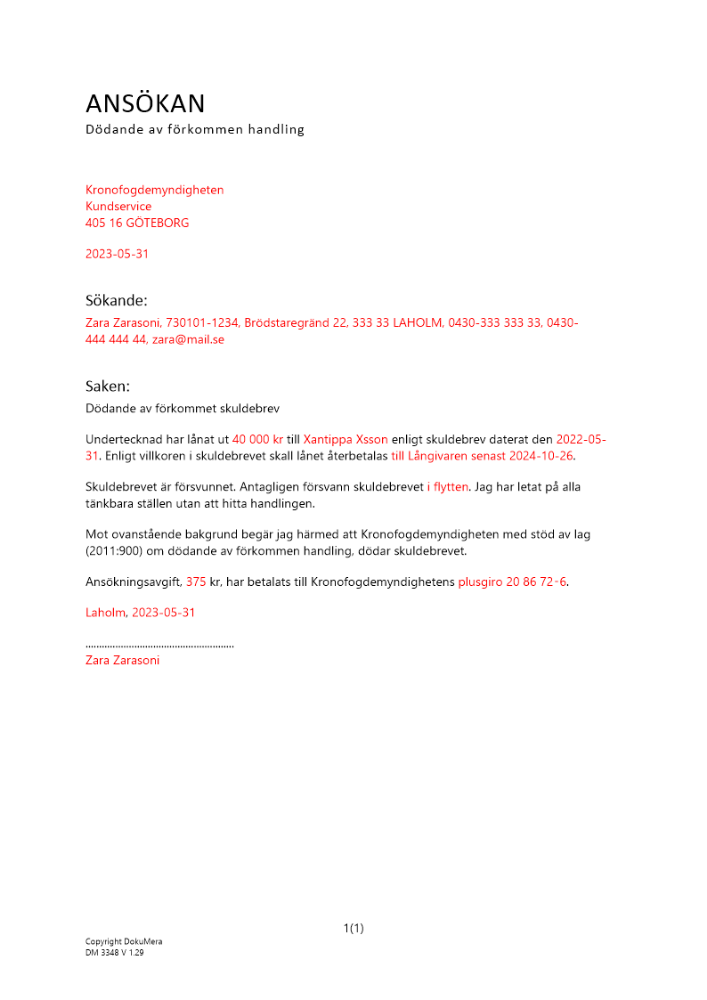 Ansökan om dödande av förkommet skuldebrev - Privatperson 2023