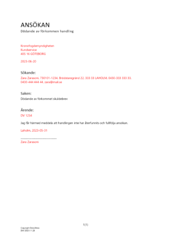Fullföljd av ansökan om dödande av förkommet skuldebrev - Privatperson 2023