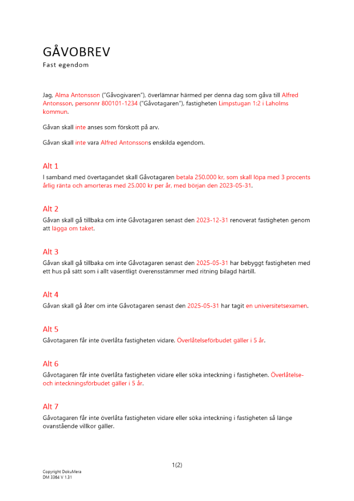 Gåvobrev gällande fast egendom med villkor 2023