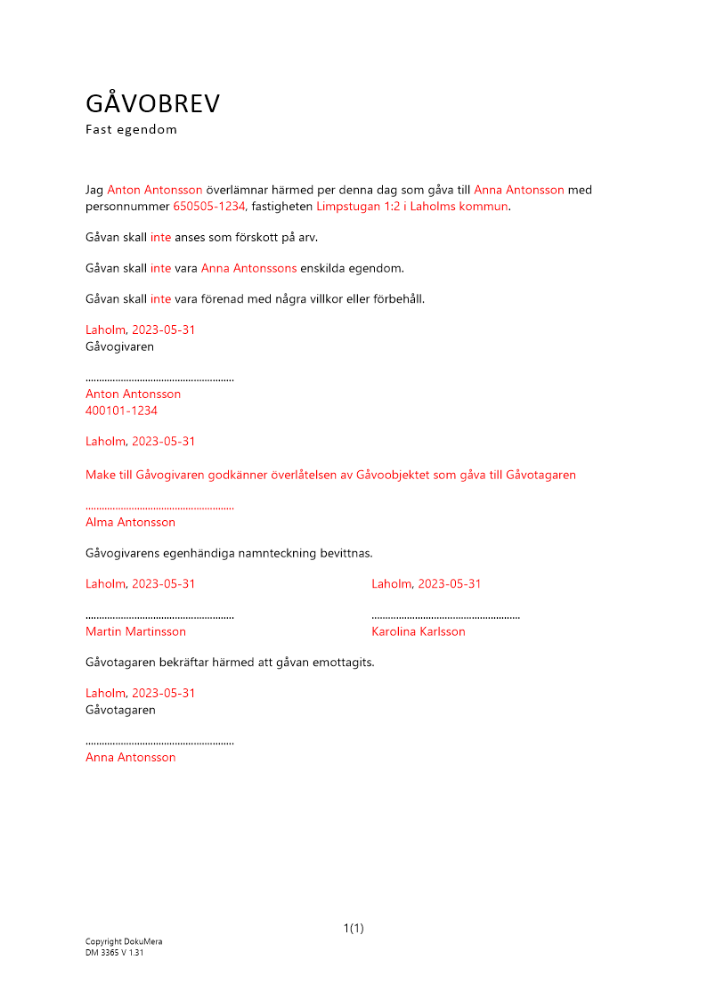 Gåvobrev gällande fast egendom utan villkor 2023