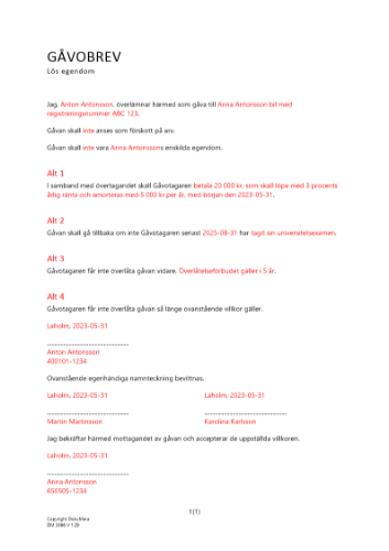 Gåvobrev gällande lös egendom med villkor 2023