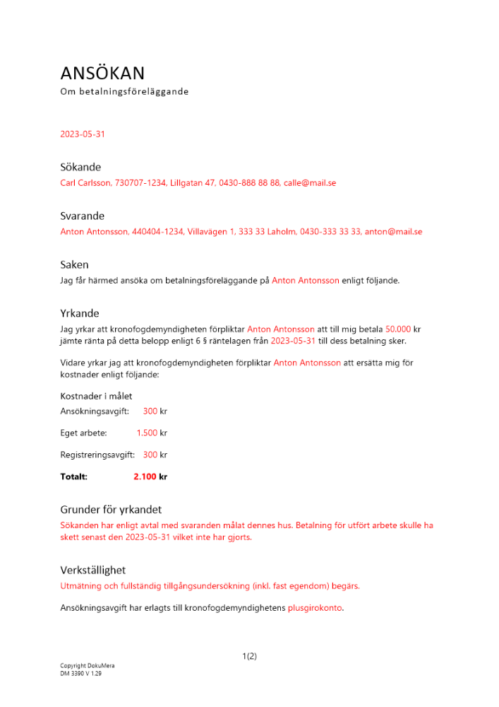 Ansökan om betalningsföreläggande (Privatperson) 2023