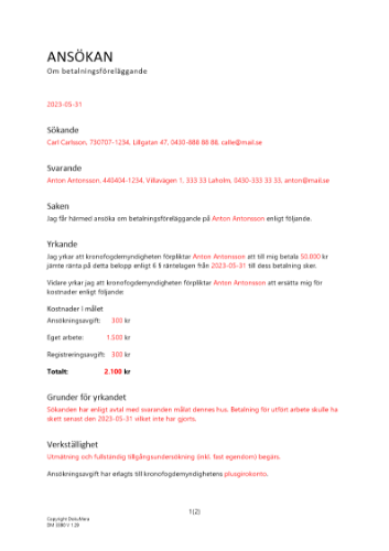 Ansökan om betalningsföreläggande (Privatperson) 2023