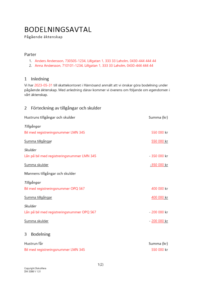 Bodelning - Pågående äktenskap 2023