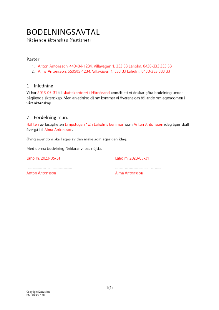 Bodelning - Pågående äktenskap (Fastighet) 2023