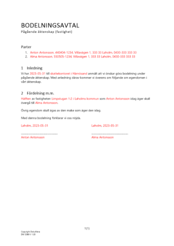 Bodelning - Pågående äktenskap (Fastighet) 2023