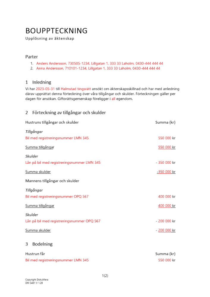 Bouppteckning - Upplösning av äktenskap 2023