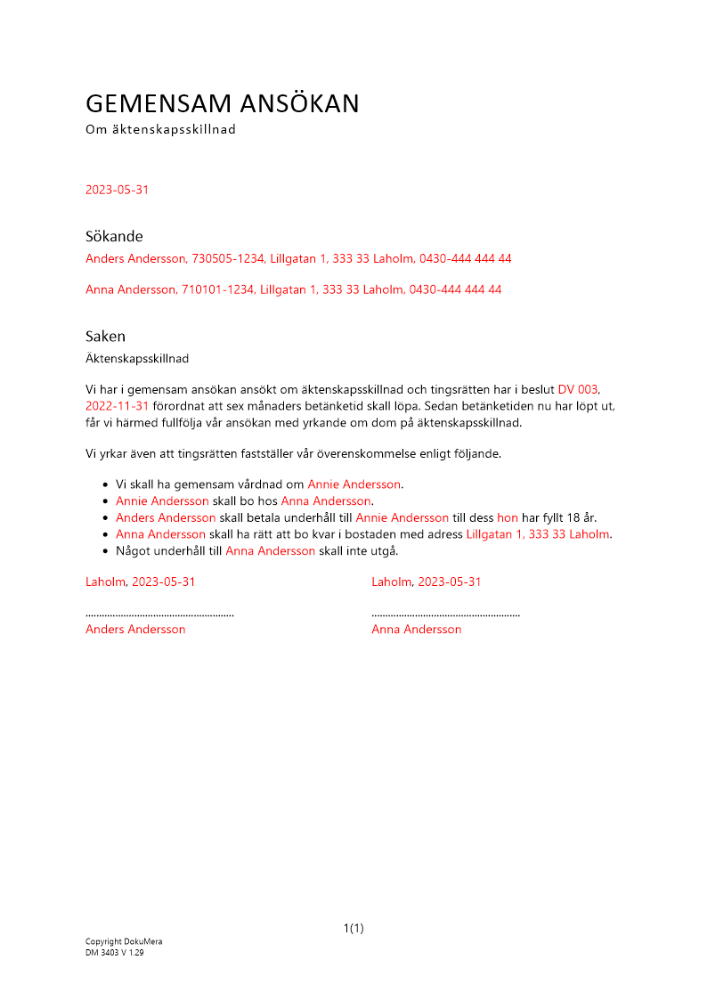 Fullföljd av ansökan om äktenskapsskillnad (Gemensam - barn under 16 år) 2023