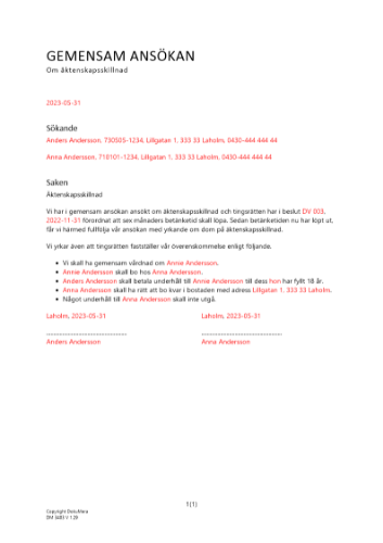 Fullföljd av ansökan om äktenskapsskillnad (Gemensam - barn under 16 år) 2023