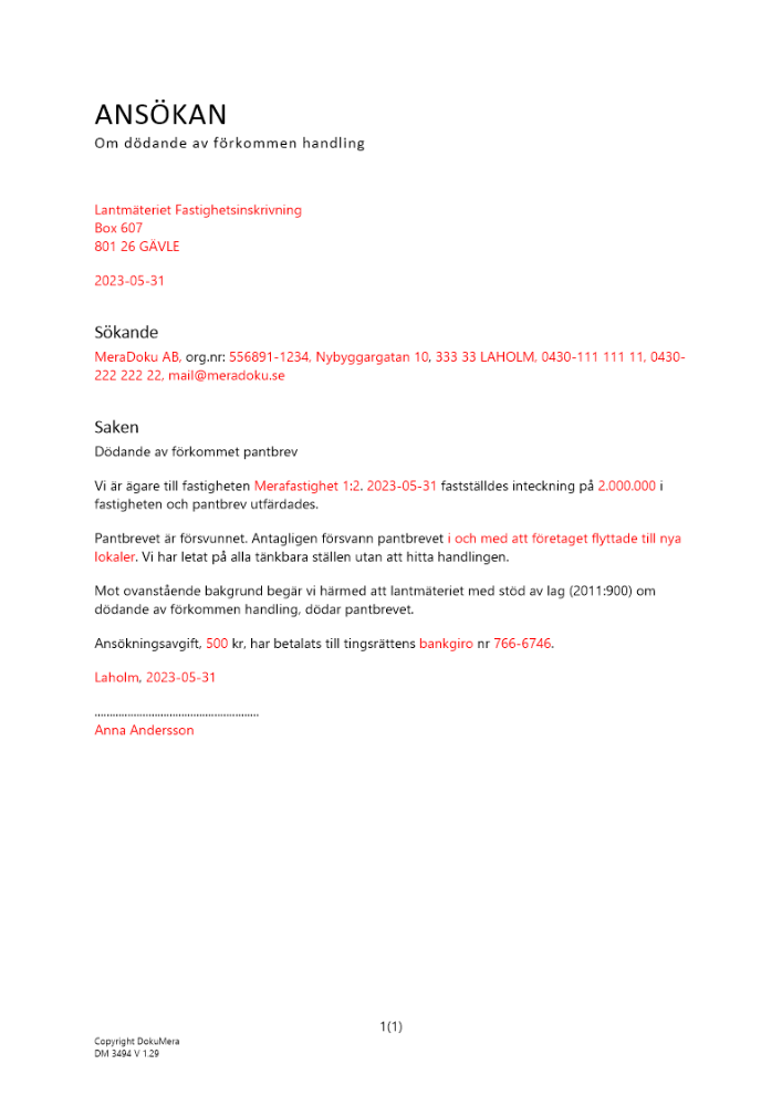 Ansökan om dödande av förkommet pantbrev 2023