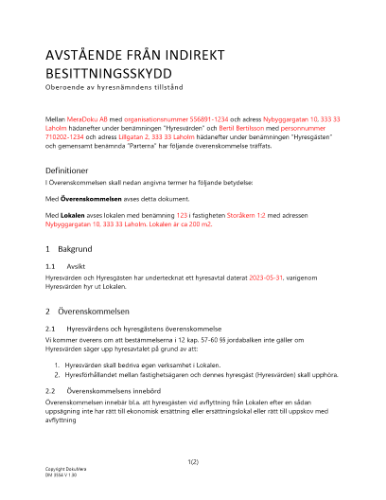 Överenskommelse om avstående från indirekt besittningsskydd (Ej beroende av hyresnämndens tillstånd) 2023