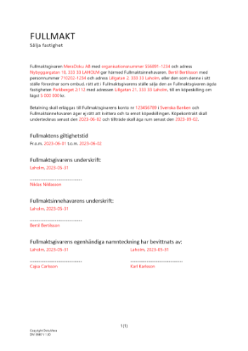 Fullmakt sälja fastighet - Begränsad 2023